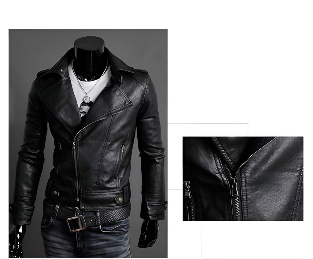 Detalle de los cierres metálicos en chamarra rockera cruzada estilo motociclista