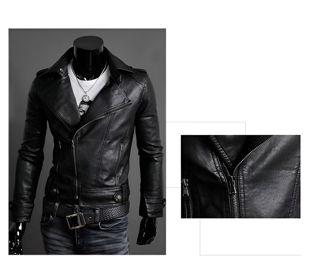Detalle de los cierres metálicos en chamarra rockera cruzada estilo motociclista