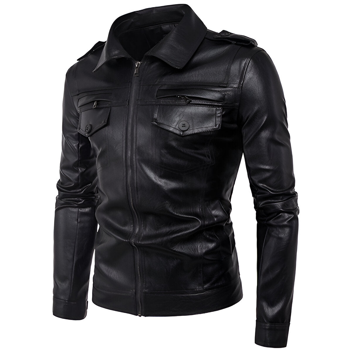 Chamarra de piel rockera para hombre cuello camisa biker Slim Fit vista lateral