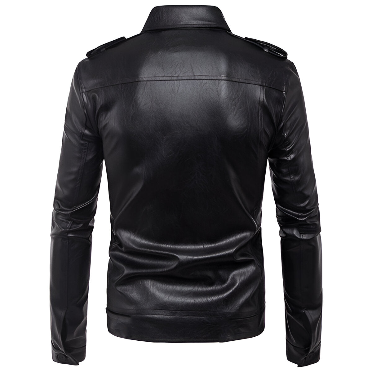 Chamarra de piel rockera hombre cuello camisa biker Slim Fit vista trasera