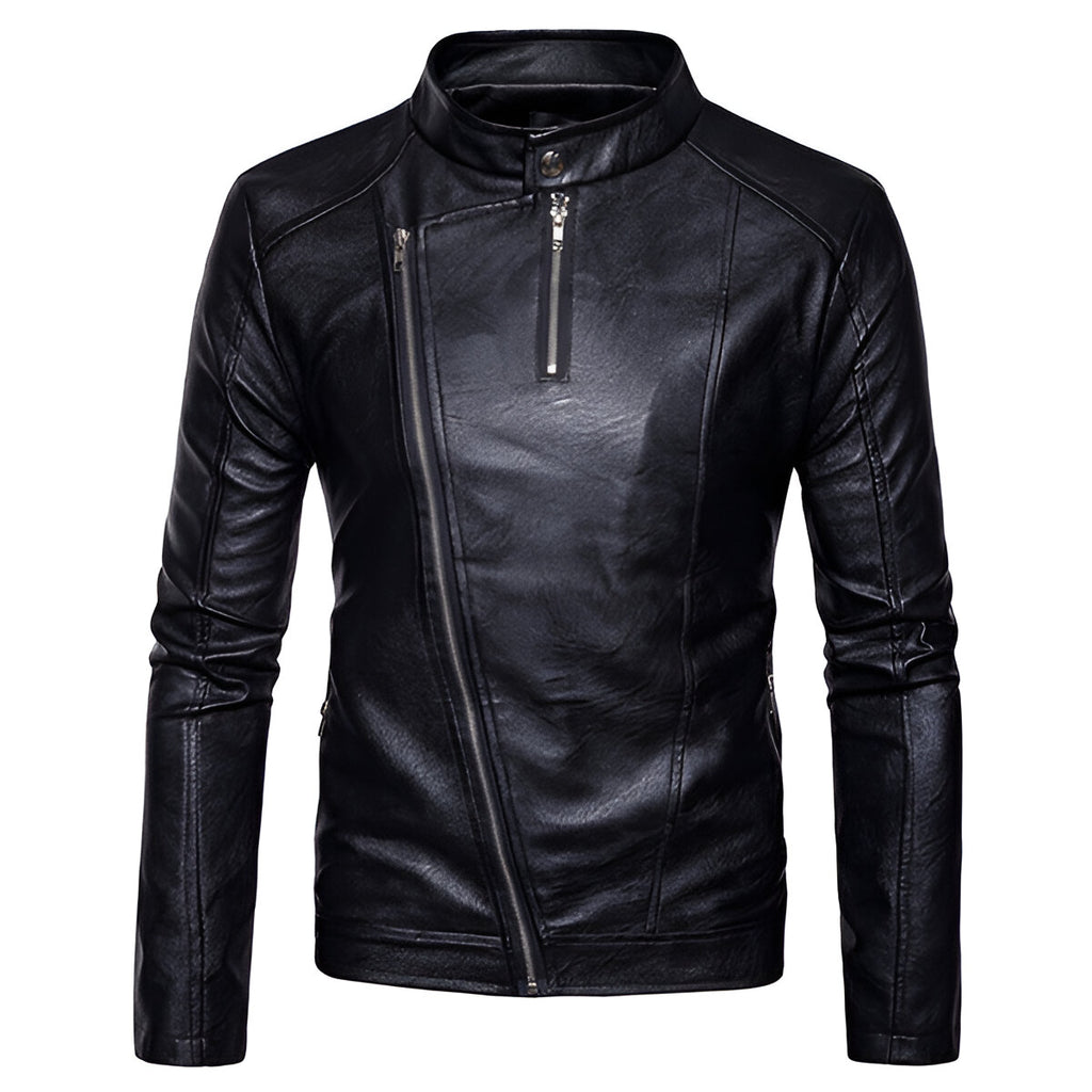 Chamarra de piel rockera para hombre biker con cuello alto y cinta