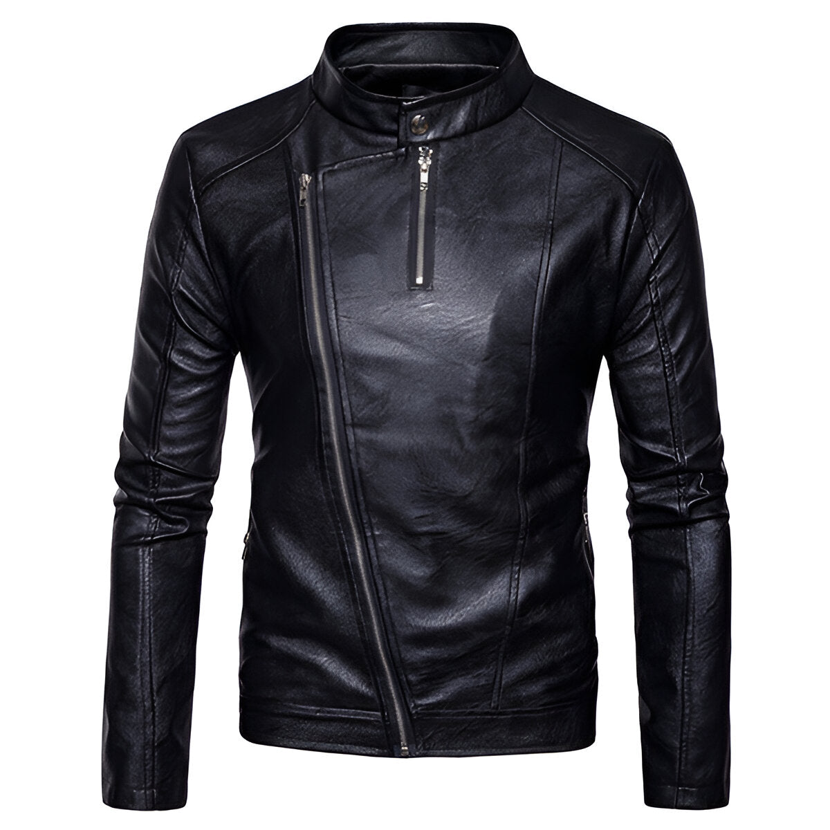 Chamarra de piel rockera para hombre biker con cuello alto y cinta