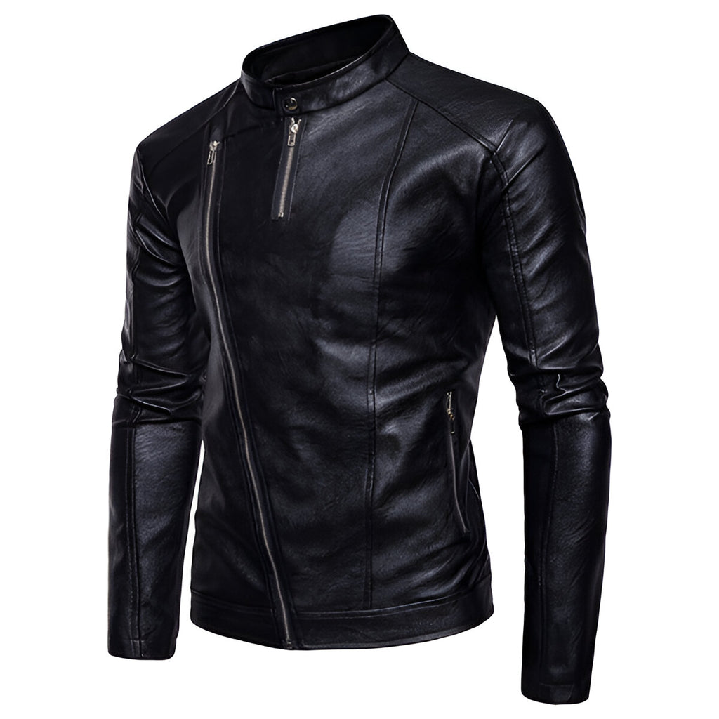 Chamarra de piel rockera para hombre biker con cuello alto y cinta vista lateral