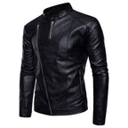 Chamarra de piel rockera para hombre biker con cuello alto y cinta vista lateral