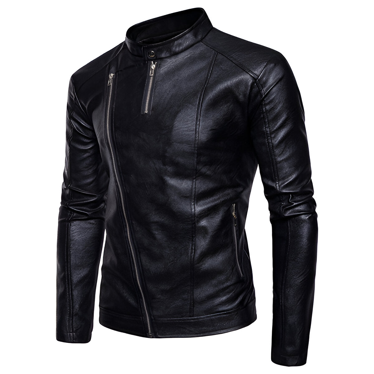 Chamarra de piel rockera para hombre biker con cuello alto y cinta vista lateral