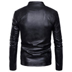 Chamarra de piel rockera hombre biker con cuello alto y cinta vista trasera