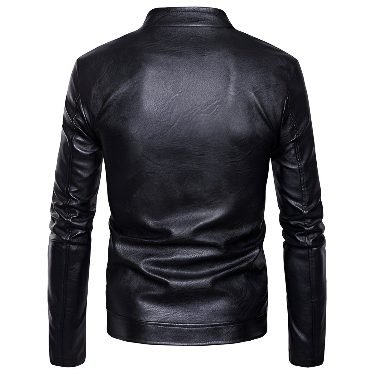 Chamarra de piel rockera hombre biker con cuello alto y cinta vista trasera