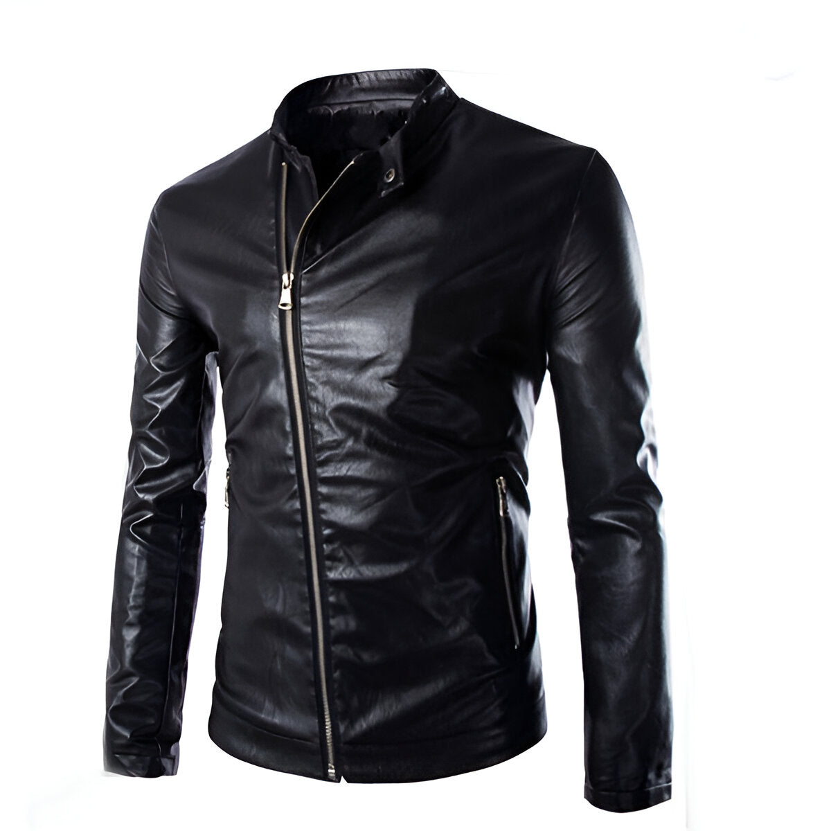 Chamarra de piel rockera cruzada para hombre estilo motociclista Slim Fit