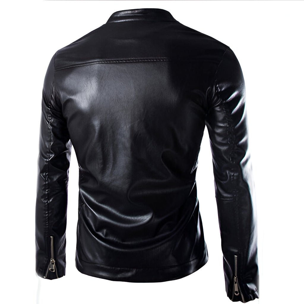 Chamarra de piel rockera cruzada hombre motociclista Slim Fit vista trasera