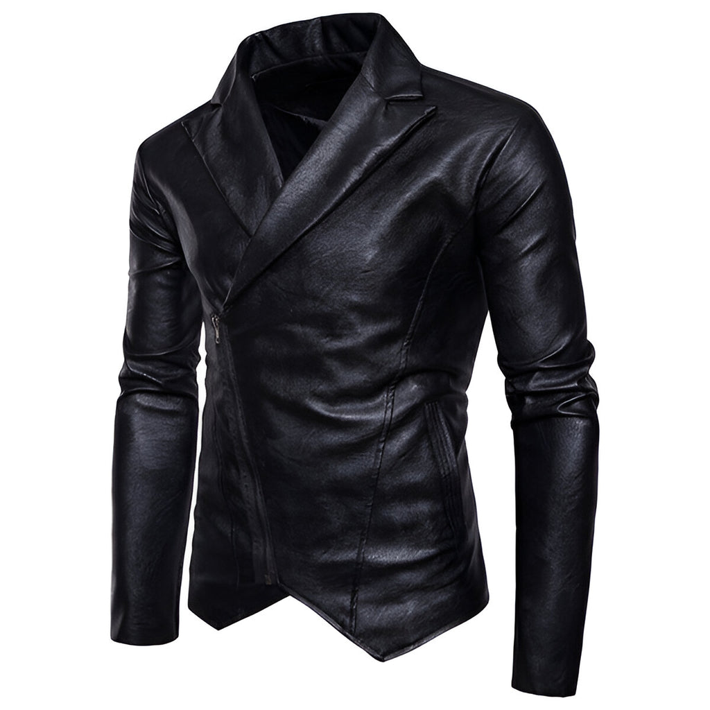 Chamarra de piel rockera cruzada para hombre tipo saco biker vista lateral