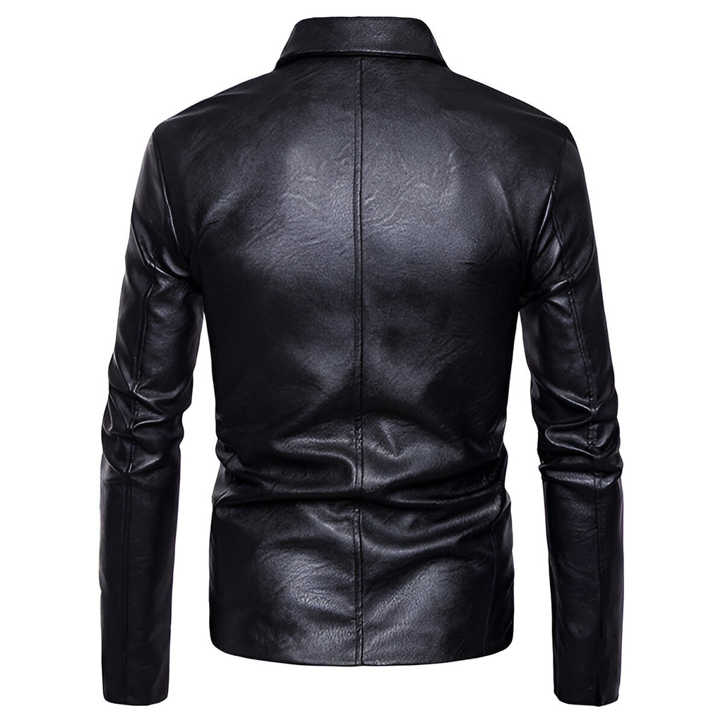 Chamarra de piel rockera cruzada hombre tipo saco biker vista trasera