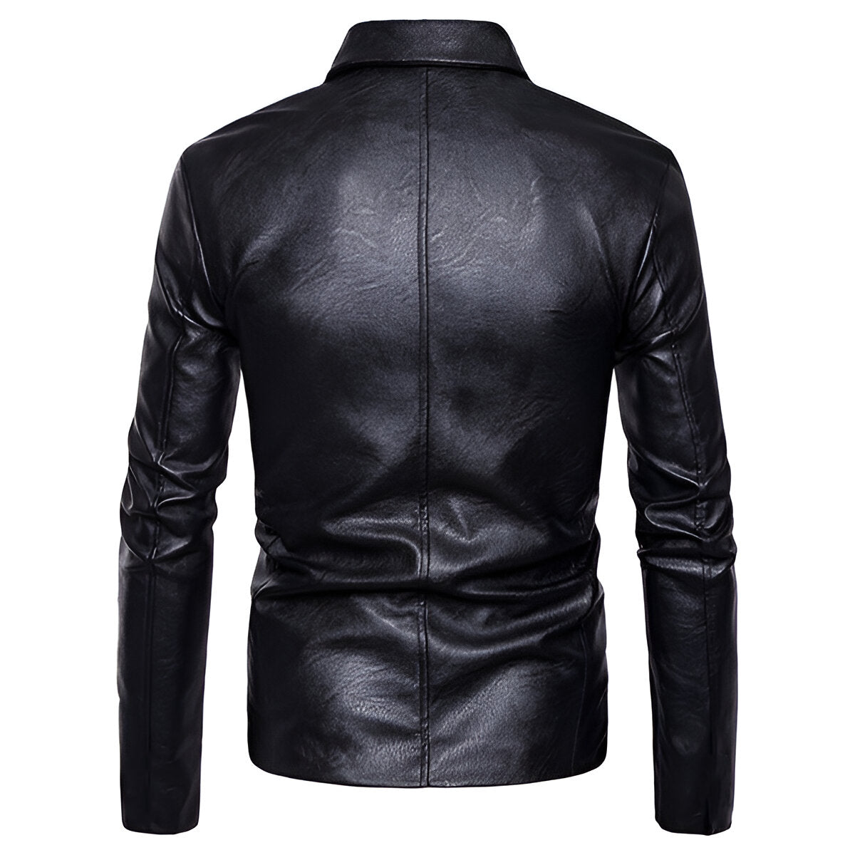 Chamarra de piel rockera cruzada hombre tipo saco biker vista trasera