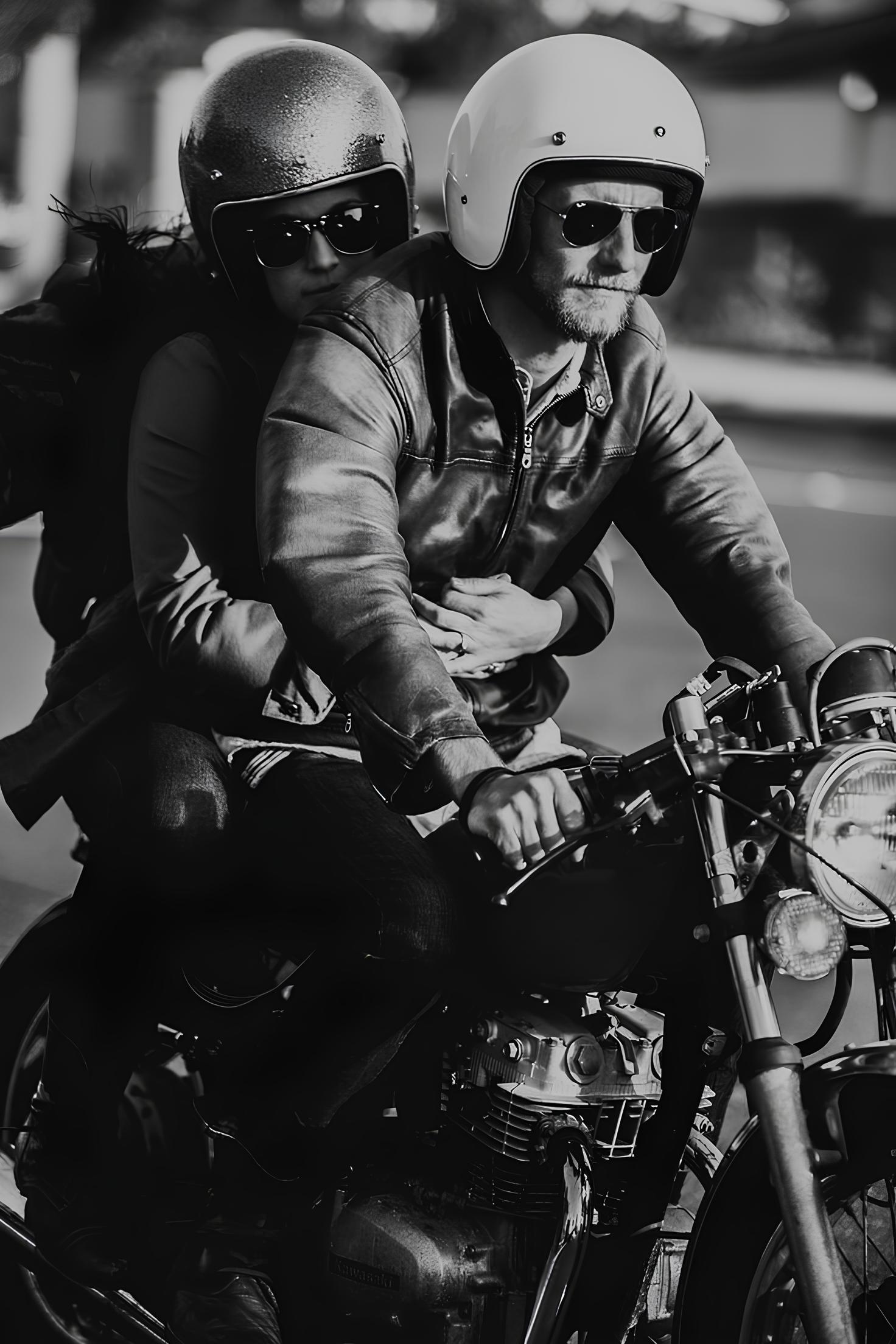 Pareja en motocicleta clásica vistiendo chamarras de piel negra, cascos vintage y lentes de sol en una toma artística en blanco y negro